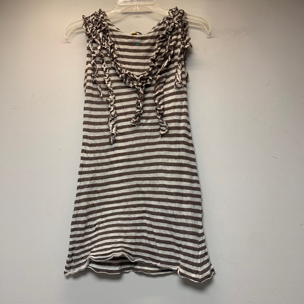Leifsdottir Ruffle Neck Tank Top Womens Small Brown Striped Linen Silk Blend